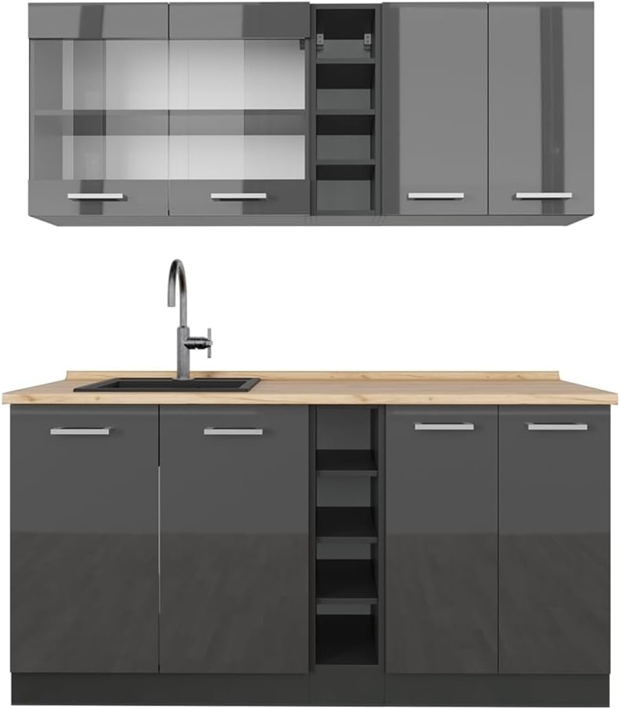 Singleküche R-Line Anthrazit Hochglanz/Anthrazit 160 cm ohne Arbeitsplatte Vicco Bild 1