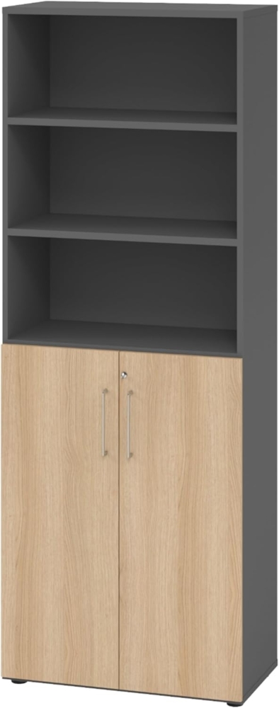 bümö Aktenregal & Schrank abschließbar, Büroschrank Regal Kombination Holz 80cm breit in Graphit/Eiche - abschließbarer Schrank für's Büro & Arbeitszimmer, Büro Möbel Ordnerschrank, 968T3-G-E-BS Bild 1