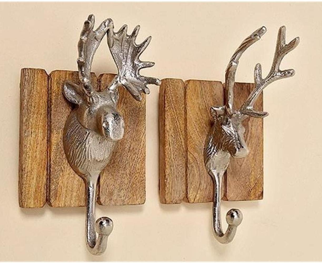 2 Garderobenhaken Holz Alu Hirsch-Kopf Braun Set Wandhaken Wand-Garderobe Bild 1