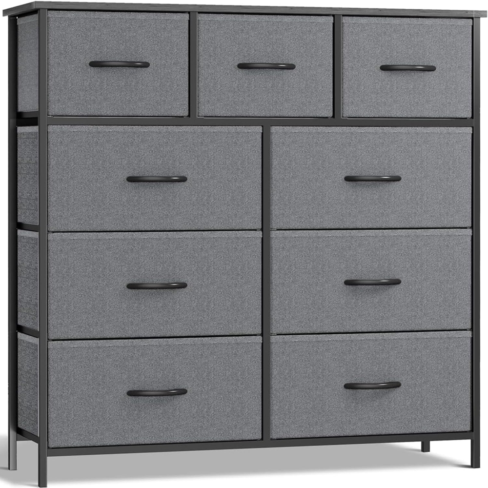 SURFOU Kommode mit Schubladen, Sideboard mit 9 Stoffschubladen, Grau, Schrank Schlafzimmer aus Metallregal und Holzwerkstoff, Komode Möbel für Wohnzimmer, Schlafzimmer, Flure, Eingänge, Kindergärten Bild 1