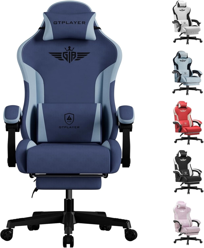 GTPLAYER Gaming Stuhl, Ergonomischer Gamer Stuhl aus Stoff mit Lendenwirbelstütze, PC-Stuhl mit verbreiterter Rückenlehne, Belastbar bis 150 kg, Blau Bild 1
