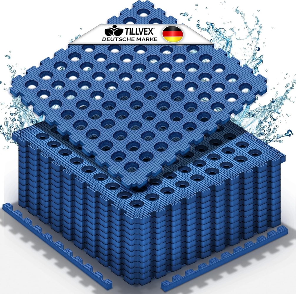 tillvex® Pool Bodenschutzmatte mit Löchern 36 Stück Blau | Unterlegmatte für Pool & Planschbecken 51x51 cm | Poolmatte Bodenmatte Outdoor | Poolunterlage Bodenschutz Matten wärmeisolierend | Whirlpool Bodenfolie weich Bild 1