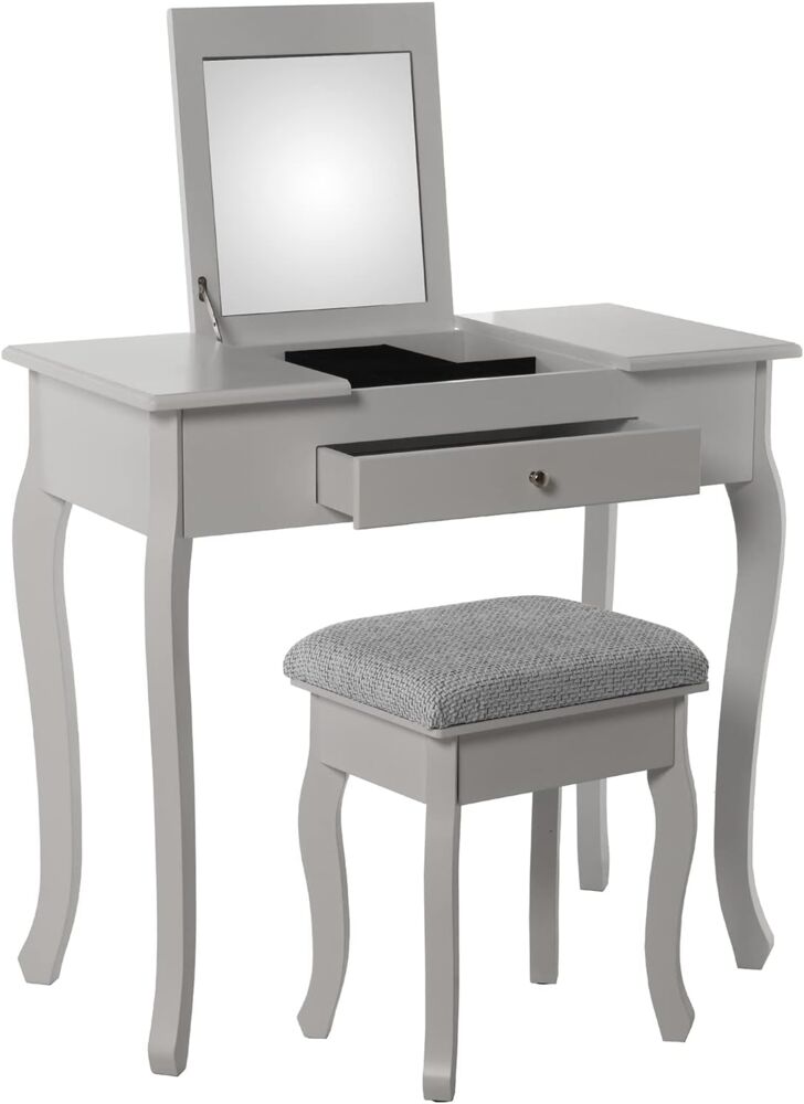 DRW Schminktisch mit Einer Schublade aus Holz mit weißem Spiegel mit Bank gepolstert in Stoff, 80 x 40 x 74 cm, Bank 36,5 x 29 x 46 cm Bild 1