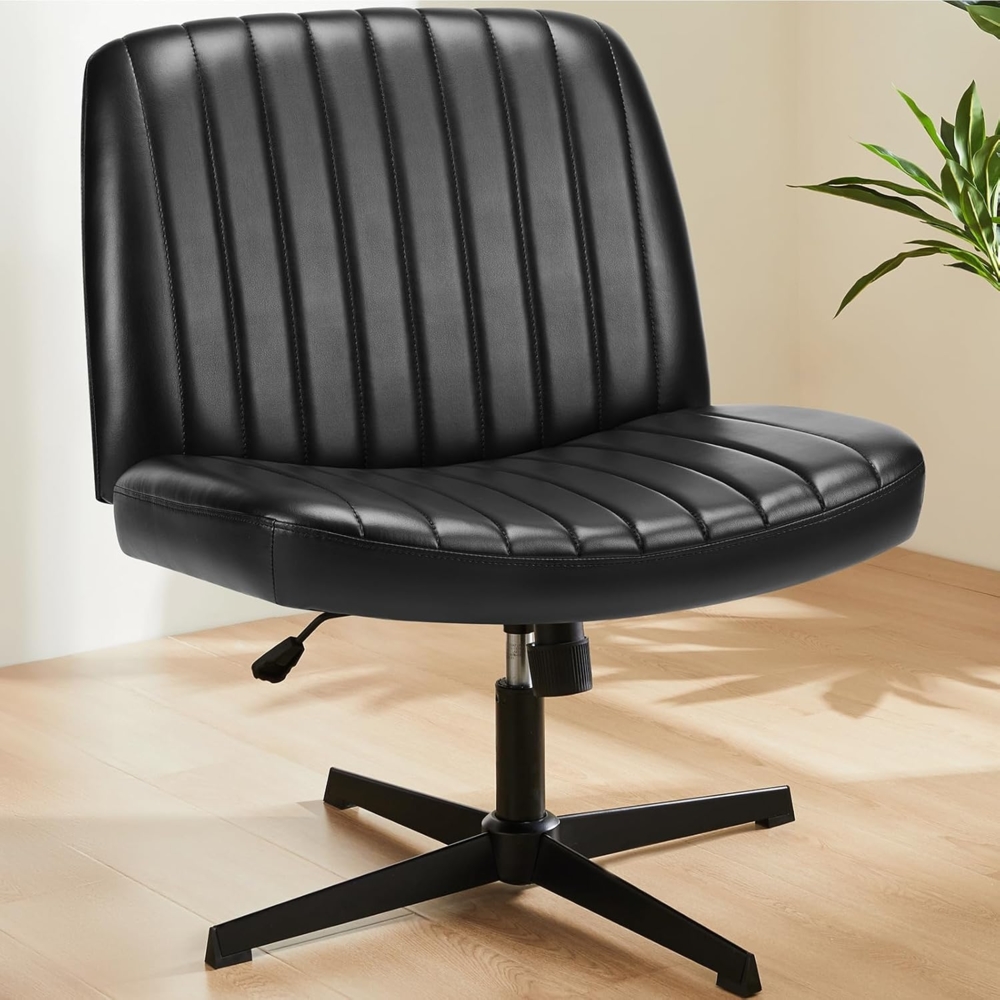 Sweetcrispy Bürostuhl Ohne Armlehnen, Schreibtischstuhl mit PU-Leder, Lesesessel mit Breiterem Polster zum Sitzen im Schneidersitz Stuhl, Höhenverstellbar, 360° Drehstuhl für Haus, Beige, Schwarz Bild 1
