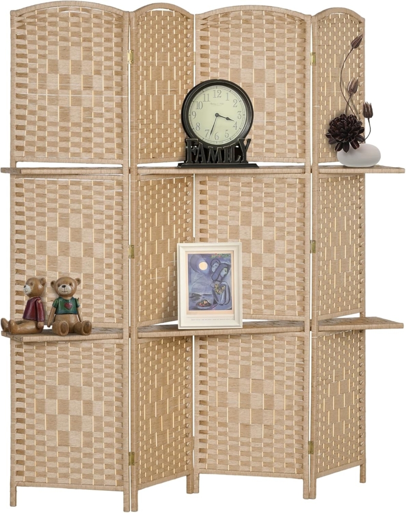 HOMCOM Paravent Raumteiler 4 Paneele 160x170 cm mit 2 Regalen, faltbar, aus Holz für Büro, Wohnzimmer, Schlafzimmer, Naturholz Bild 1