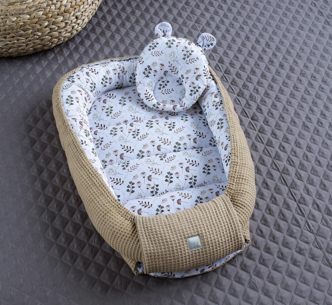 Braun BLUMEN/Taupe Waffelpique Bio-Baumwolle Babynest Neugeborene Baby Unterlage Reisebett Nestchen SOLO/o. in PREMIUM Ausstattung SETS (Nest + Bärchen) Bild 1