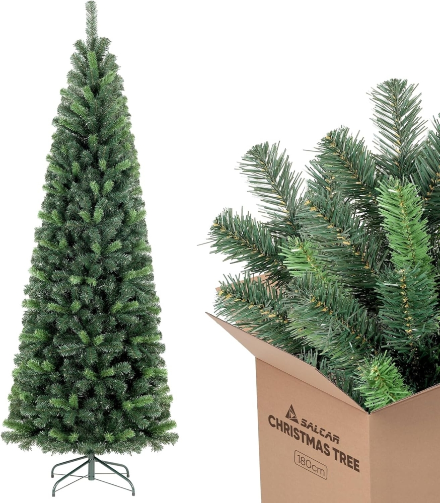 Salcar Künstlicher Weihnachtsbaum Bleistift Weihnachtsdeko Außen Künstlich Tannenbaum Schmal Christbaum, 180 cm mit 618 PVC Nadeln Bild 1