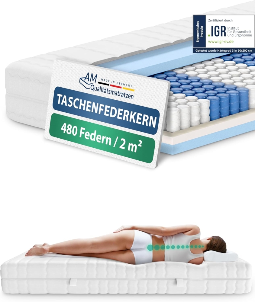 AM Qualitätsmatratzen Orthopädische 7-Zonen Taschenfederkernmatratze 180x190 cm - H4 Matratze - Made in Germany Bild 1