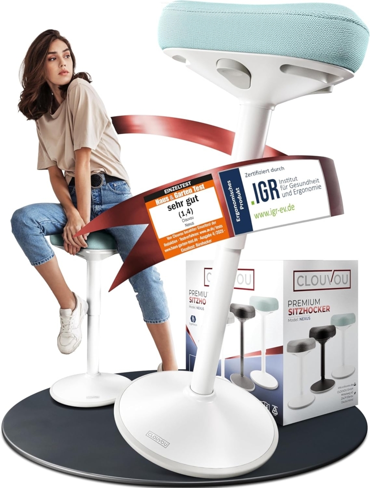 CLOUVOU Nexus, ergonomischer Stehhocker, stufenlos höhenverstellbar, Anti-Rutsch-Standfuß, Mint Bild 1