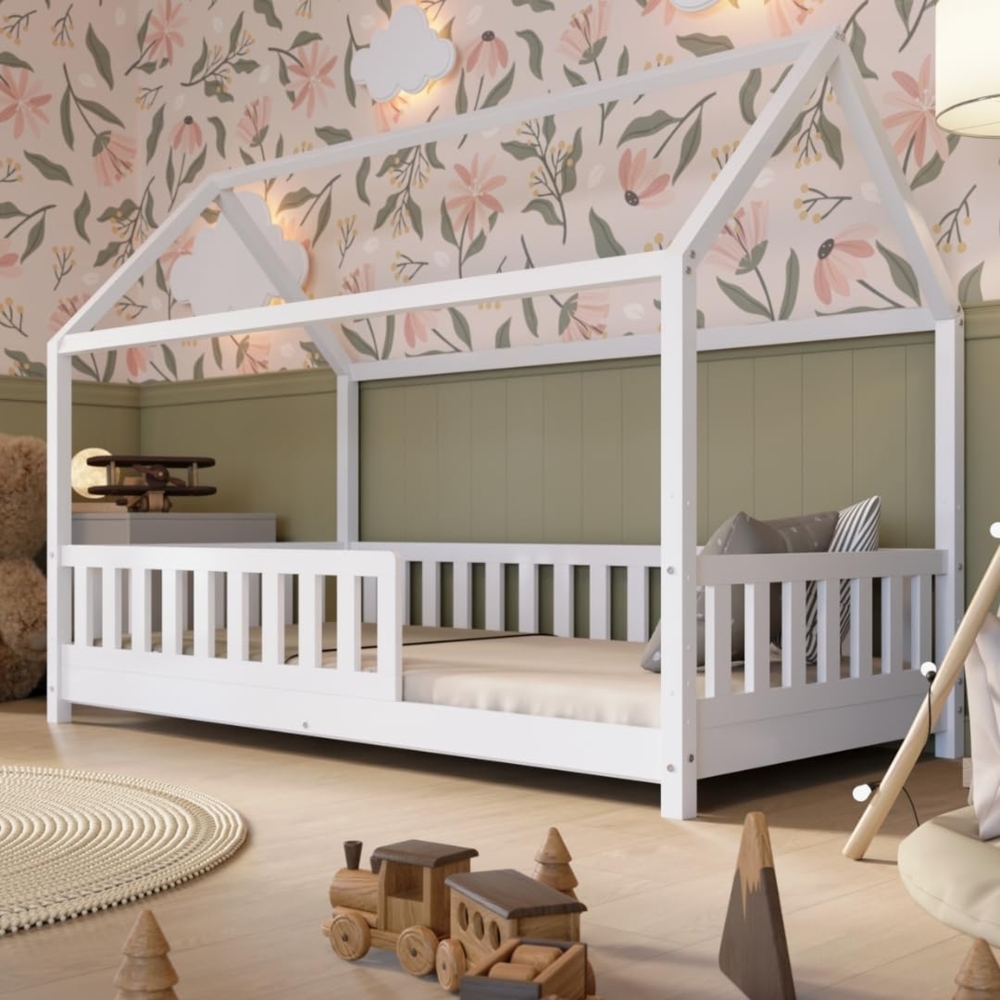 Crazy Pine Hausbett 200x140 cm – Kinderbett aus Naturholz in Weiß mit Rausfallschutz – Skandinavisches Design, Montessori Bodenbett mit Höhenverstellbaren Beinen - Crazy Blanco Bild 1