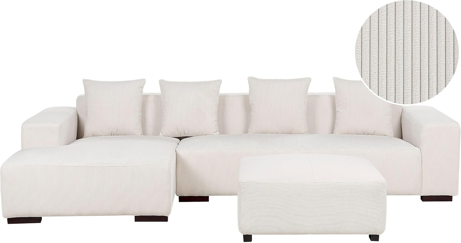 Ecksofa mit Ottomane LUNGO Cord Cremeweiß Rechtsseitig Bild 1