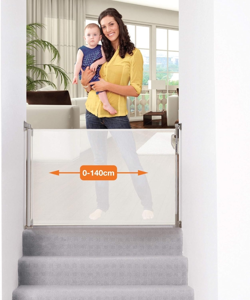 Dreambaby Türschutzgitter Tür- und Treppenschutzgitter einziehbar, schnell versetzbar, B:140 cm, Treppen- als auch Türschutzgitter, Click-on-off Funktion, bis 140 cm Bild 1