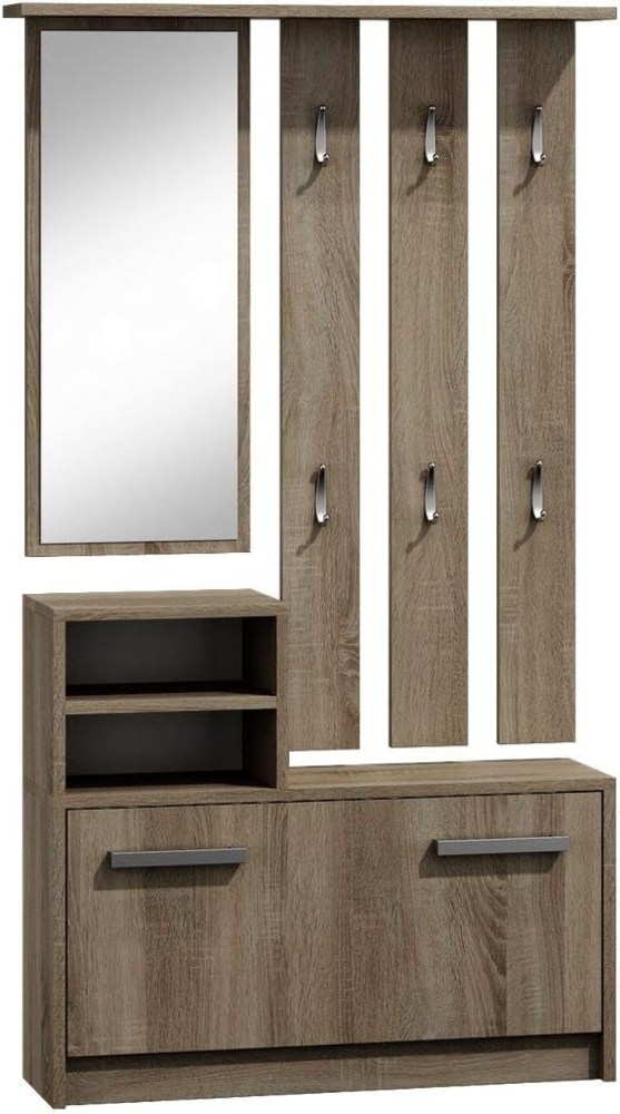 Oggi iRun Flurgarderobe mit Spiegel 85x160x24cm Kleiderbügel Schuhschrank Schrank aus 16mm Schichtstoffplatte Modisches Design Minimalistisch Modern Trüffeleiche Bild 1