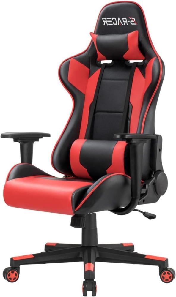 Homall Gaming Zocker Computerstuhl, Gamer Ergonomischer Bürostuhl, Hohe Rückenlehne Drehstuhl, PC Stuhl Einstellbarer Neigungswinkel mit Kopfstütze und Lendenkissen (Rot), Kunstleder, X-Large Bild 1