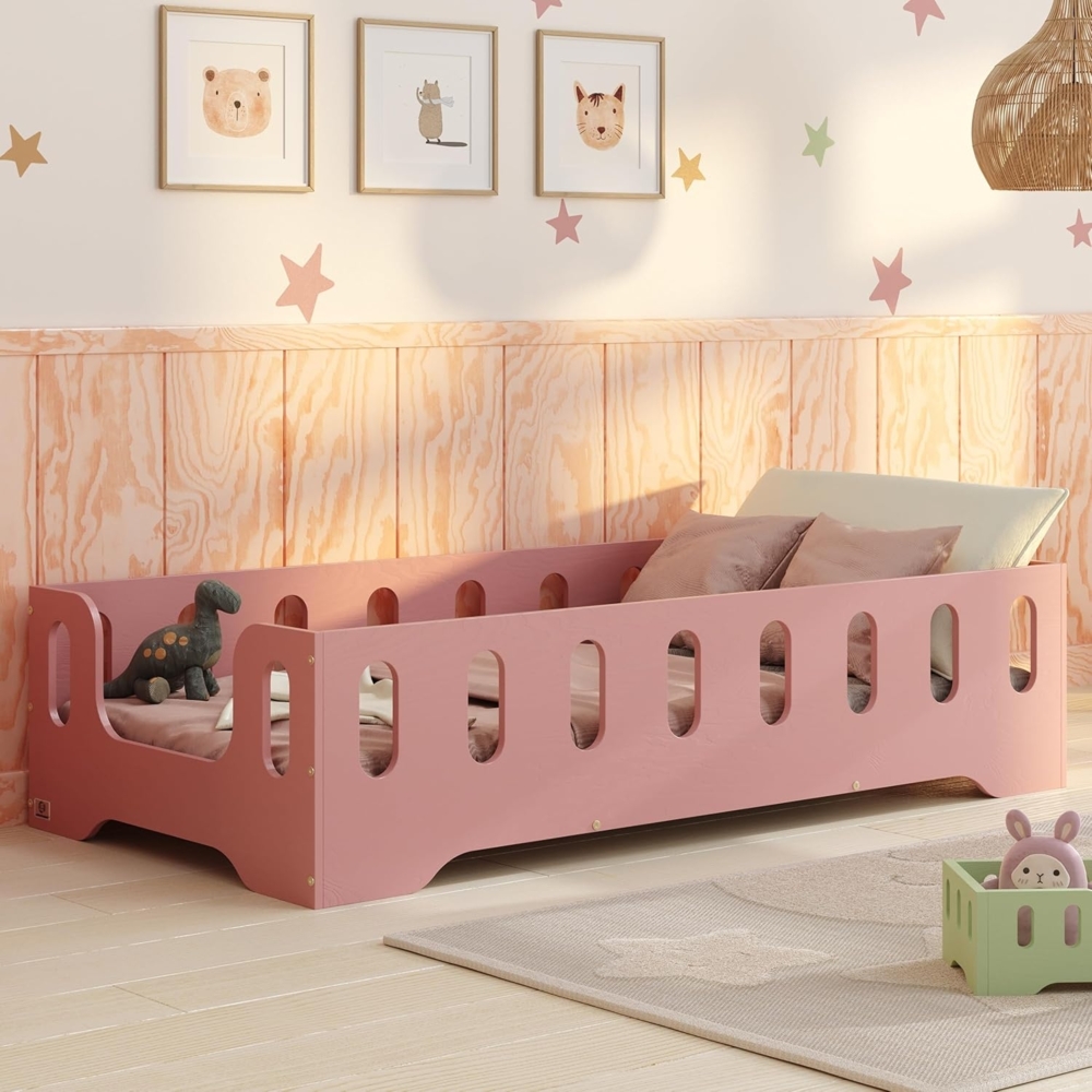 smartwood Kinderbett Bodenbett 140x200 mit Rausfallschutz & Lattenrost - Rosa - Kinder Montessori Bett TILA 2B mit glatten Kanten - Betten für schnelle Montage - Bis 300 kg belastbar Bild 1