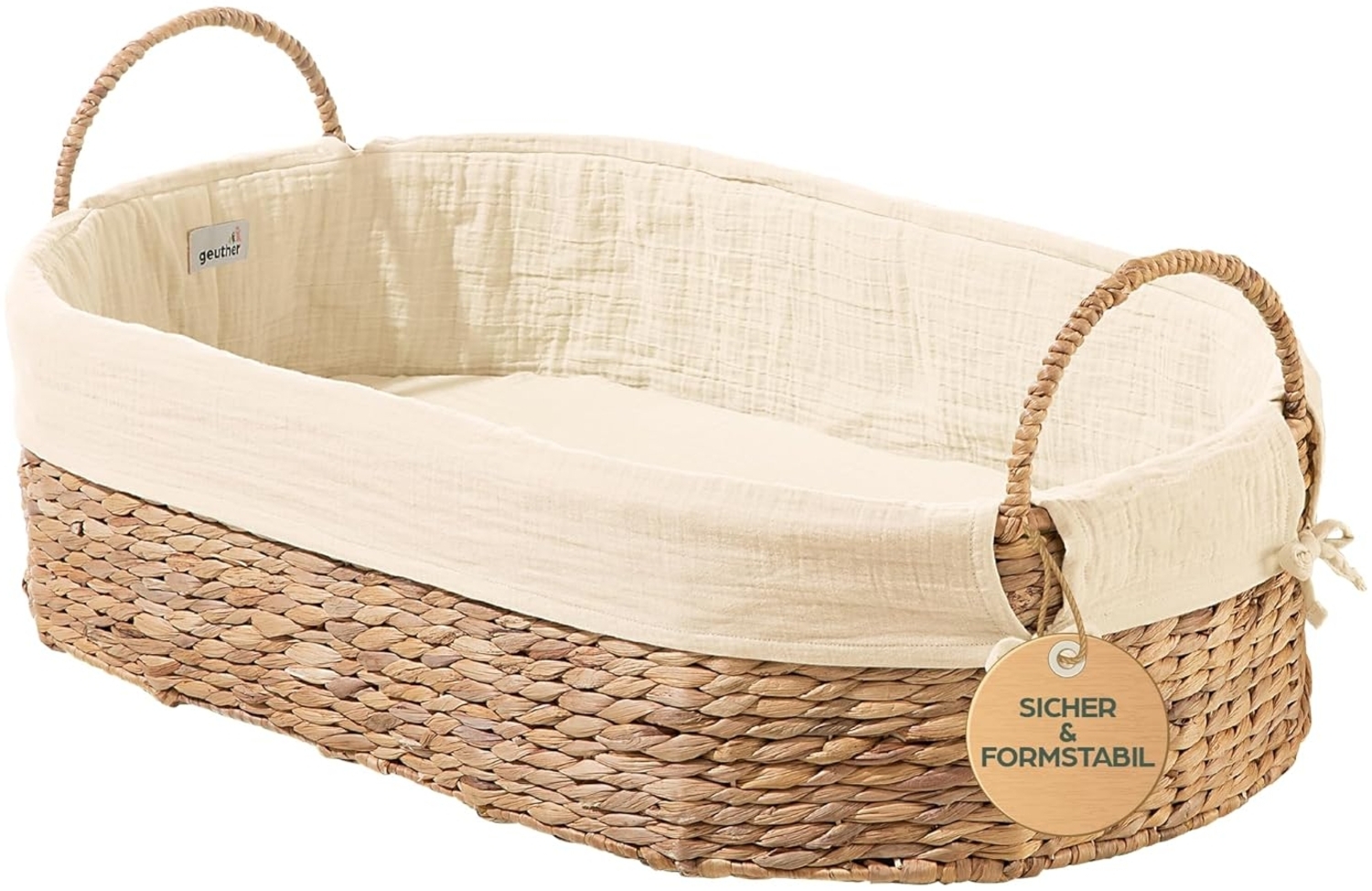 Geuther Moses Nest Babynest Tragekorb ruhiger Schlafplatz für Babys aus natürlichem Korbgeflecht waschbar mit atmungsaktiver Matratze aus 100% Bio Baumwolle Farbe: Beige, 5. 66 kilograms Bild 1