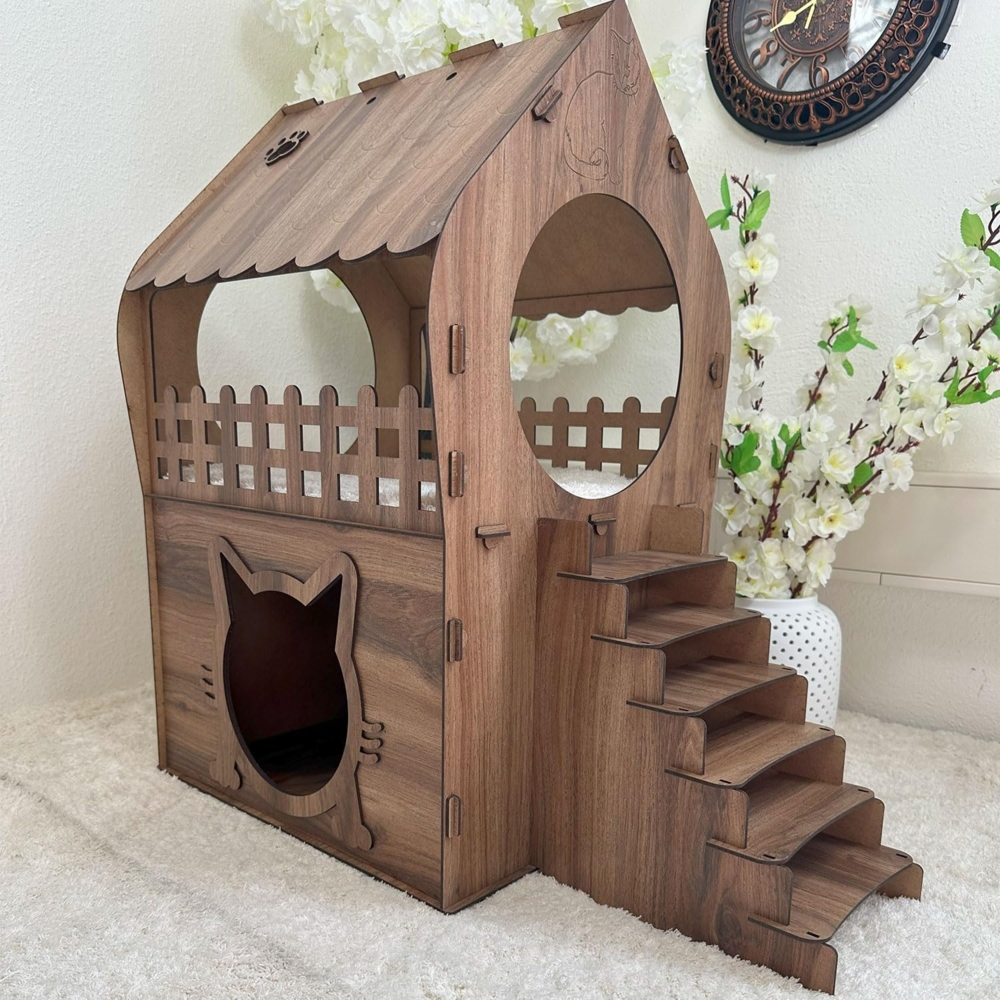 Jungengel Tierhaus Zweistöckiges Katzenhaus aus MDF – Braun – in XL, XXL, 3XL, Werkzeugfreier Aufbau, 2 Etagen, Treppe, Balkon, Holz-Optik Bild 1