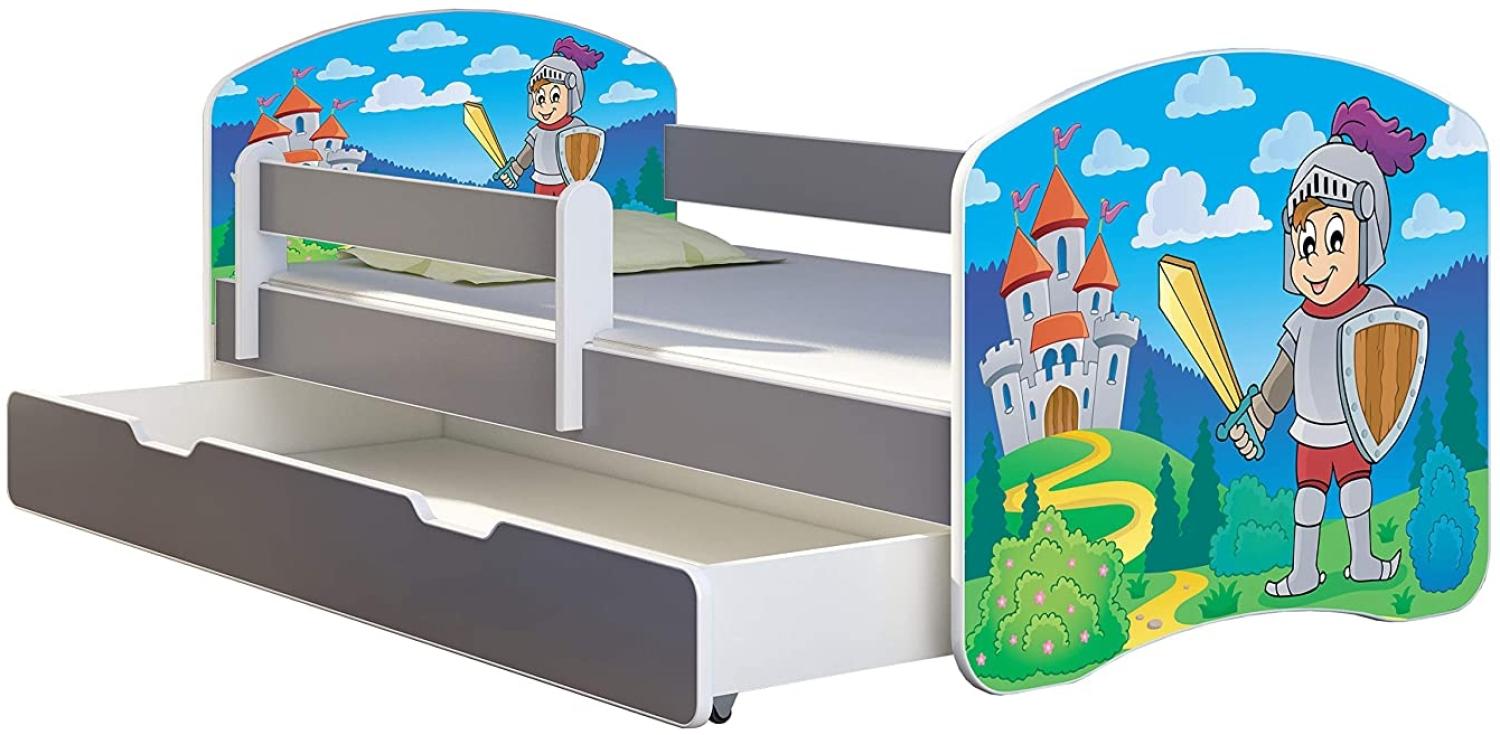 ACMA Kinderbett Jugendbett mit Einer Schublade und Matratze Grau mit Rausfallschutz Lattenrost II (32 Ritter, 180x80 + Bettkasten) Bild 1