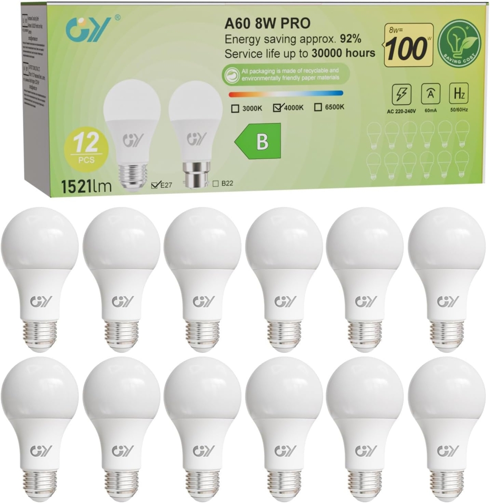 GY E27 Led Neutralweiss Glühbirne, 8W 1521LM Energiesparlampe, Ersetzt 100W lampen, Energieeffizienzklasse B, A60 Led Neutralweiß, Abstrahlwinkel 360°Leuchtmittel, Nicht Dimmbar, 12 Stück Bild 1