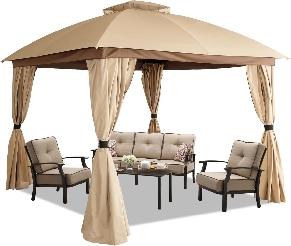 Sekey Garten Pavillon 3.3x3.3 m Wasserdicht Stabil Winterfest mit 4 Seitenteile, Kurvenkopf Doppeldach, Partyzelt Gartenzelt für Festival, Events, Partys, Picknick, Khaki Bild 1