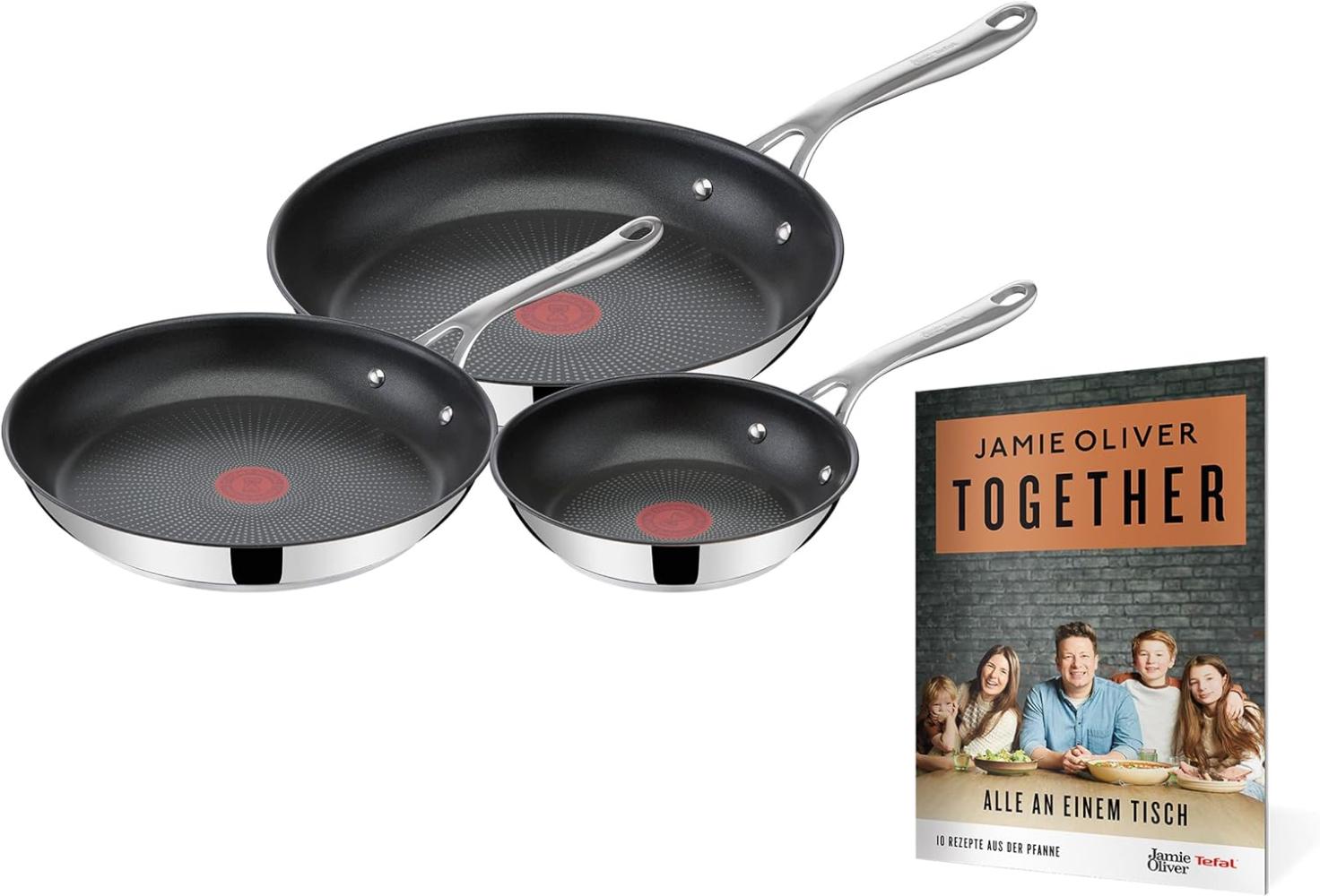 Jamie Oliver by Tefal Cook's Direct On Pfannen-Set 20/24/28 cm, Rezeptheft, Antihaft, Induktion, Backofenfest, Edelstahl, Genieteter Griff, E304S3. TOG Bild 1