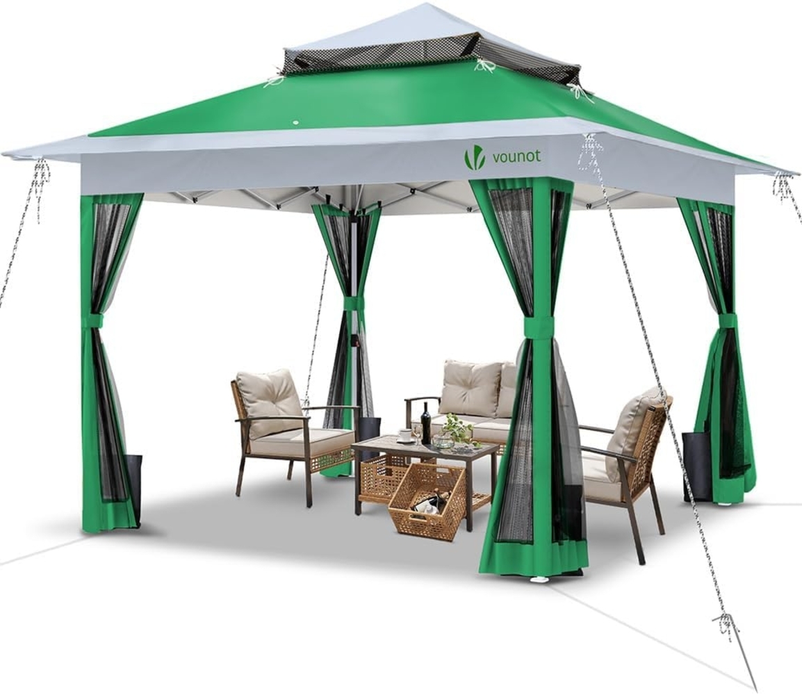 VOUNOT Pavillon Faltbar 3.6x3.6m, UV Schutz 50+ & Wasserdicht & Stabil, Pop Up Faltpavillon mit 4 Seitenteilen/Moskitonetz, Gartenzelt Partyzelt Gartenpavillon mit 4 Gewichte, Tasche, Grün Bild 1