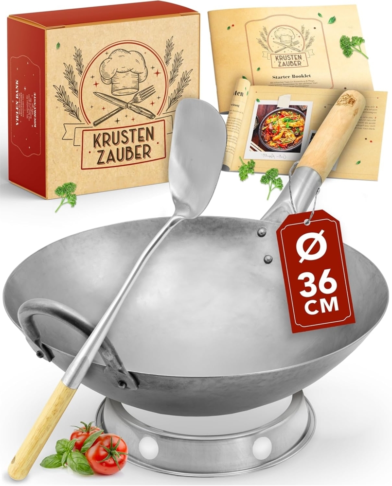 Krustenzauber Wok 30cm Wokpfanne - Traditionelle Stahlwokpfanne, (mit Wokwender u. Wokring - Wok Pfanne, Wok Induktion, Woklette), Wok Zubehör, Carbon Steel Wok Karbonstahl Bild 1