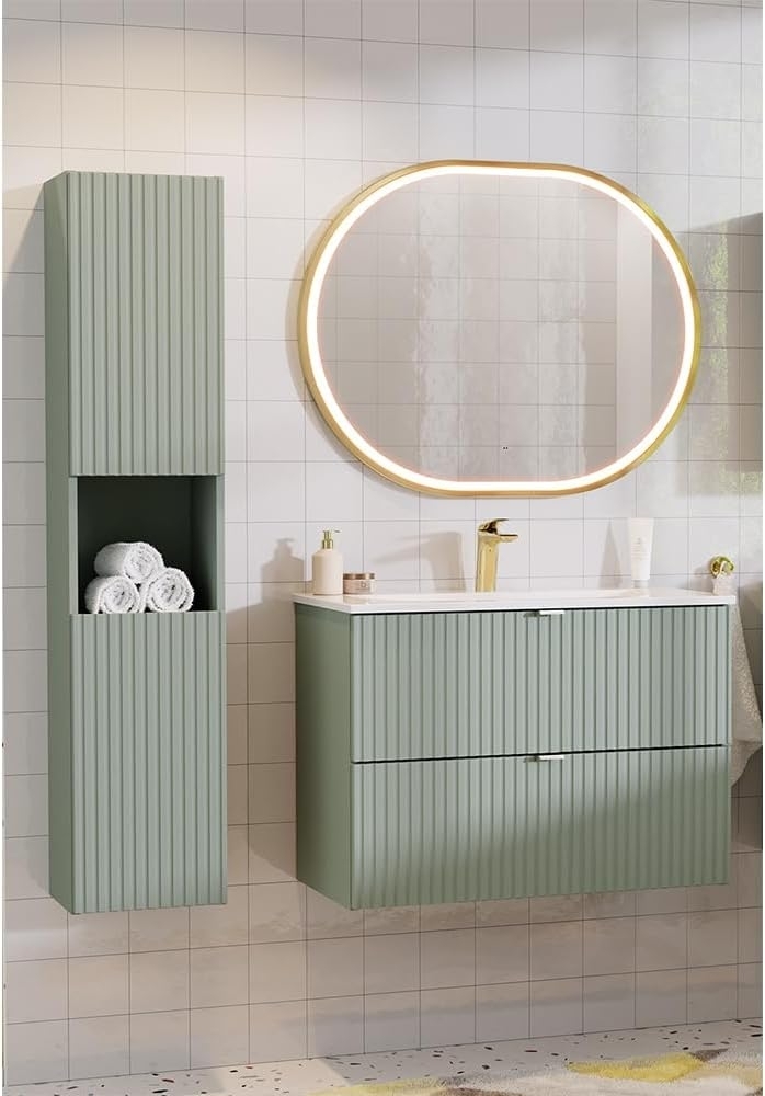 Lomadox Badmöbel-Set NEWPORT-56-GREEN, (Spar-Set, 3-St, Hochschrank Regaleinsatz Spiegel Waschtisch), in grün und Eiche, gerillte Front, 80cm Waschtisch, 40cm tief Bild 1