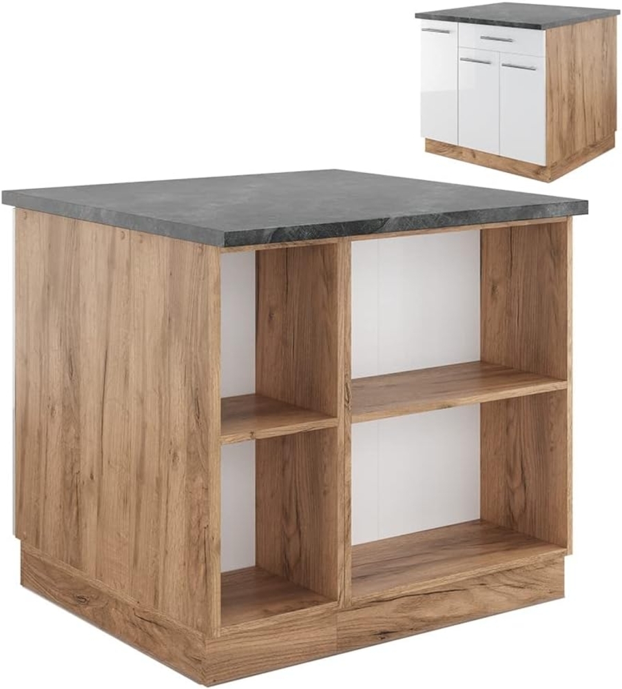 Kücheninsel Fame-Line Weiß Hochglanz/Goldkraft Eiche 90 cm mit Schublade, ohne Arbeitsplatte Vicco Bild 1