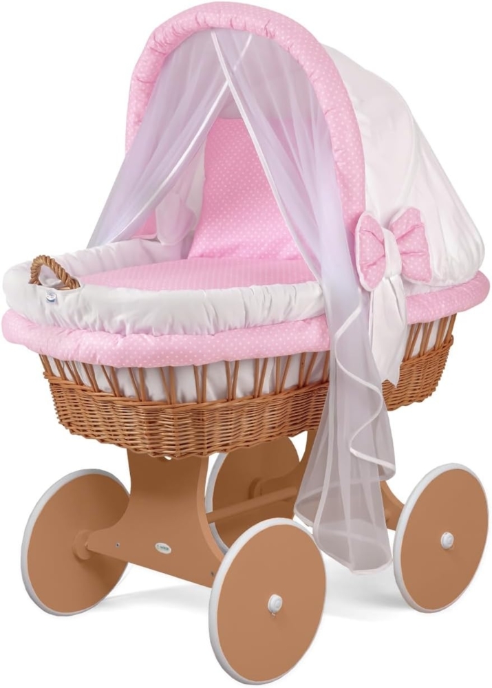 WALDIN Stubenwagen-Set mit Ausstattung, Gestell/Räder natur lackiert, Ausstattung rosa kariert Bild 1