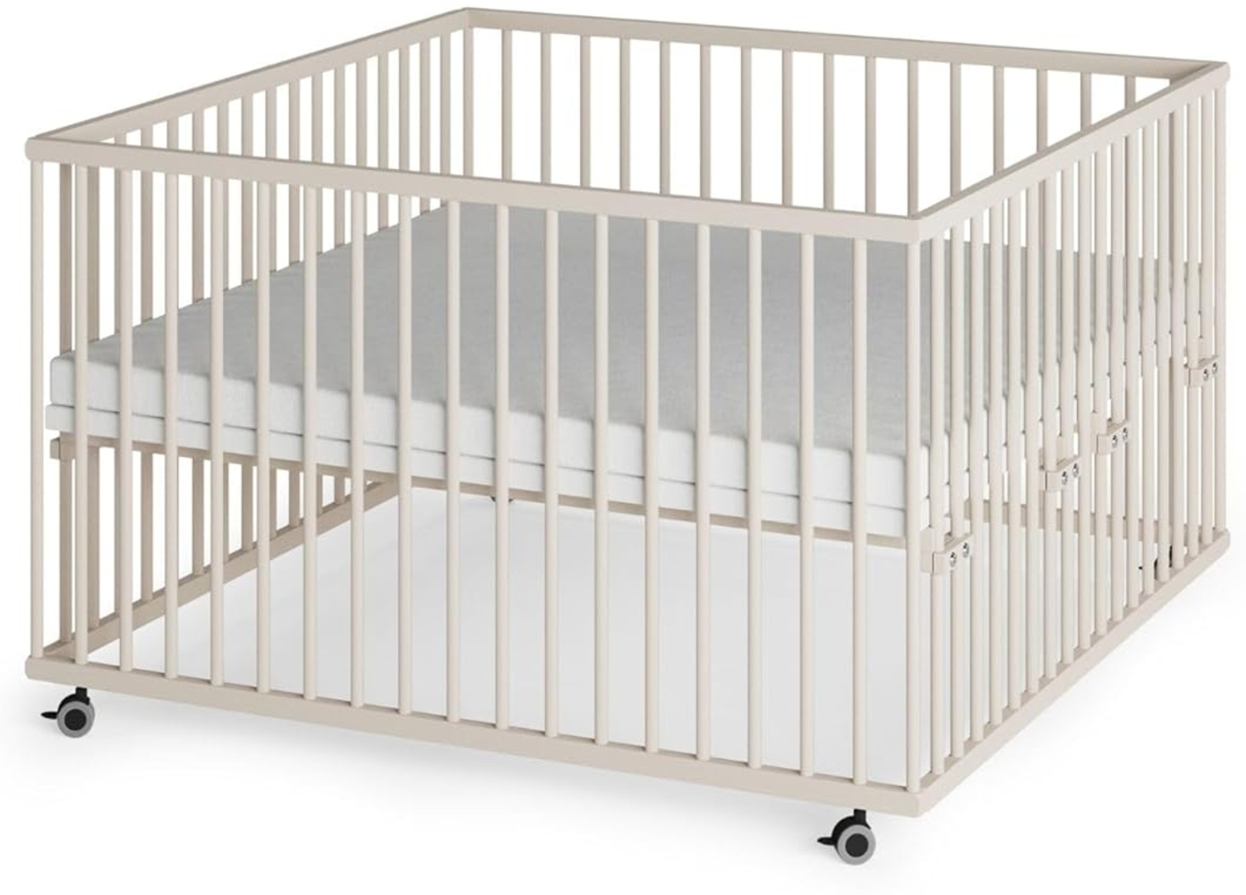 Sämann Laufstall Baby mit Matratze SleepPlus, Lattenrost und Schlupfsprossen | stufenlos höhenverstellbar | Laufgitter Premium | Babybett aus Holz | Krabbelgitter (sahara dust, 120x120 cm) Bild 1