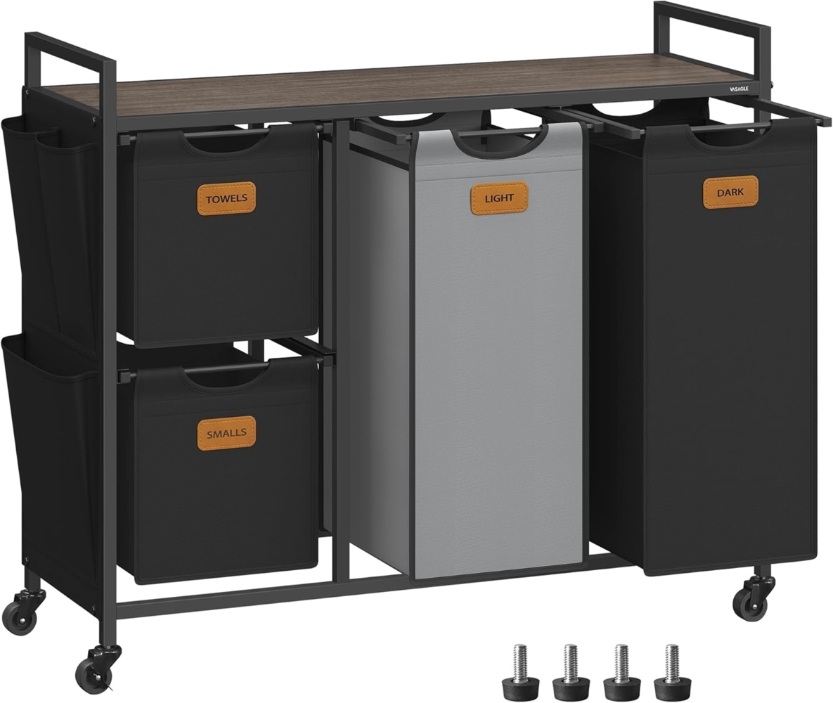 VASAGLE Wäschekorb 4 Fächer, Wäschesammler 150 L, Wäschesortierer, Rollen, Wäschewagen mit Ablage, Wäschesack, kleine seitliche Taschen, 6 Etiketten, kastanienbraun-tintenschwarz-taubengrau Bild 1