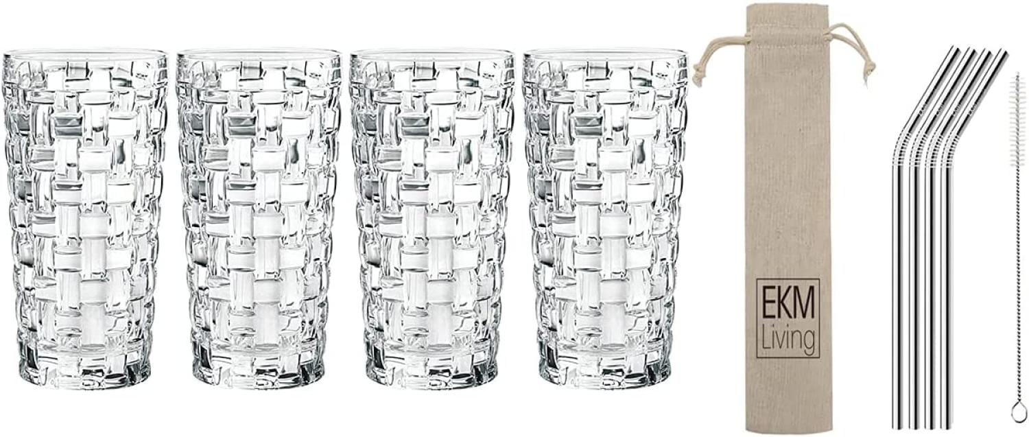 Spiegelau & Nachtmann, 4-teiliges Longdrink-Set, Kristallglas, 395 ml, Bossa Nova, 0092075-0 + 4er Set EKM Living Edelstahl Strohhalme Silber gebogen Bild 1