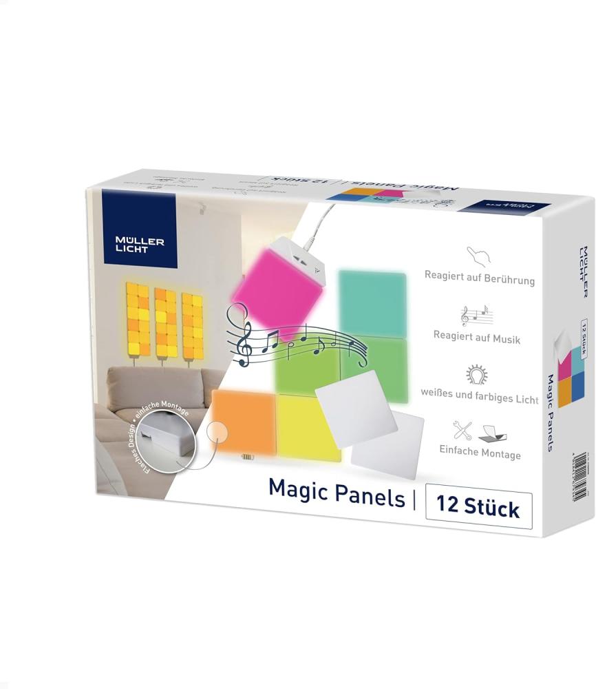 Müller-Licht Magic Panel Wandleuchte Wandpanels 12er Set, Stimmungslicht, weißes und farbiges Licht RGB, Farbdurchlauf, Touch und Musik Sync, inkl. Montagematerial Bild 1