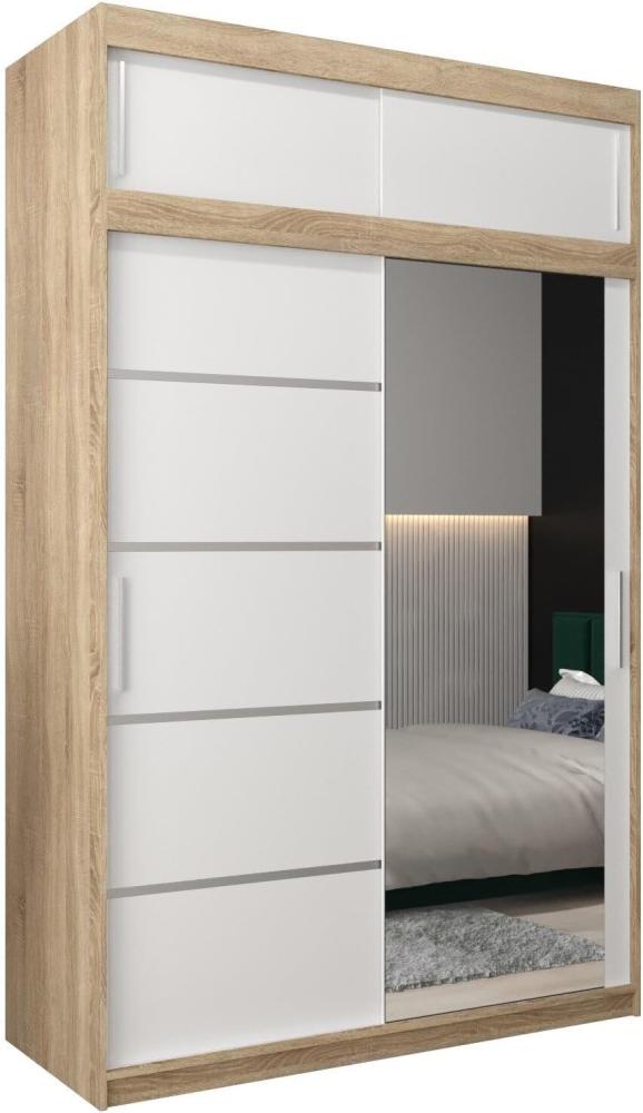 Kryspol Schwebetürenschrank Verona 2-150 cm mit Spiegel Kleiderschrank mit Kleiderstange und Einlegeboden Schlafzimmer- Wohnzimmerschrank Schiebetüren Modern Design (Sonoma + Weiß mit Erweiterung) Bild 1