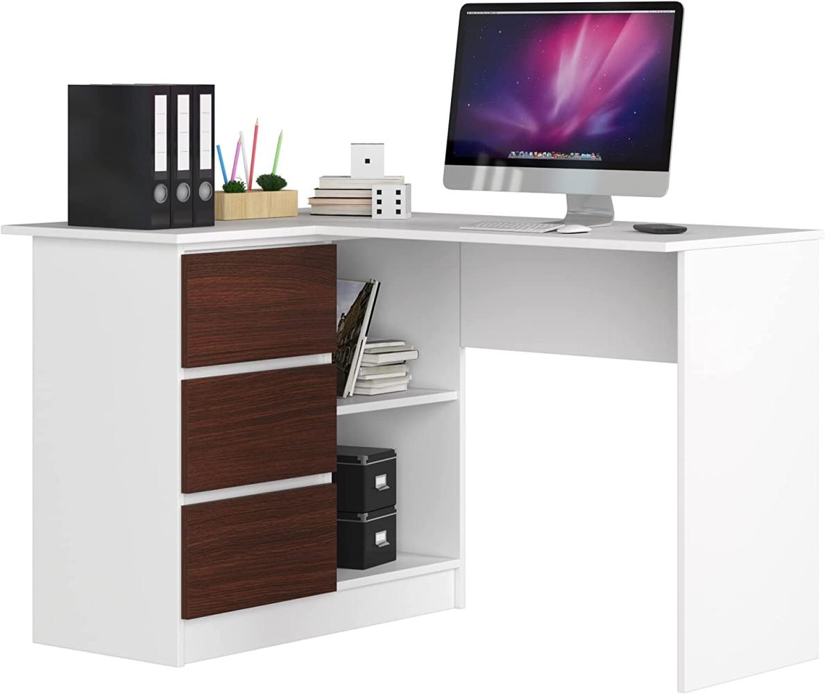 AKORD Eck-Schreibtisch B-16 mit 3 Schubladen und 2 Ablagen | Schreibtisch | ecktisch | Eck Schreibtisch für Home Office | Einfache Montage | B124 x H77 x T85, 48 kg Weiß/Wenge Bild 1