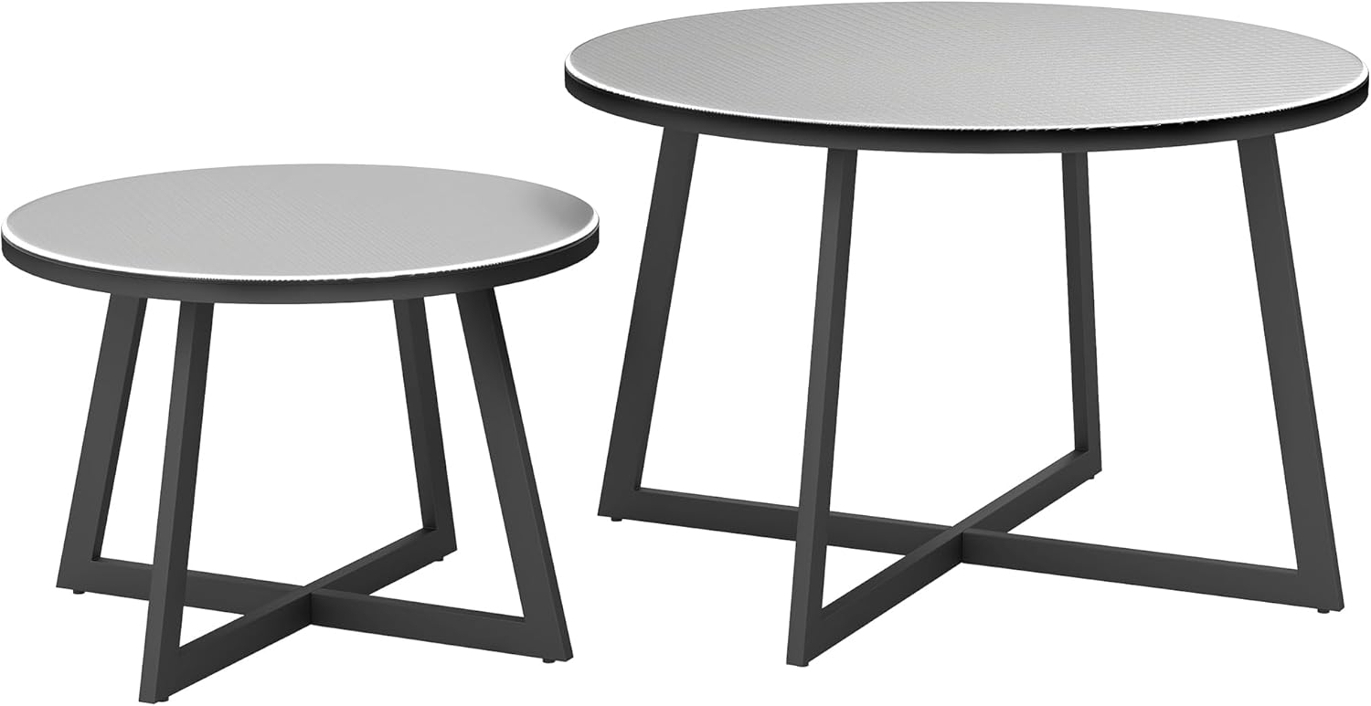 Outsunny Gartentisch mit X-Beine, Glasplatte, aus Stahl (Stapelbar Balkontisch, 2-St, 2er Set Rund Beistelltisch), für Wohnzimmer Büro Outdoor Indoor Schwarz+Grau Bild 1