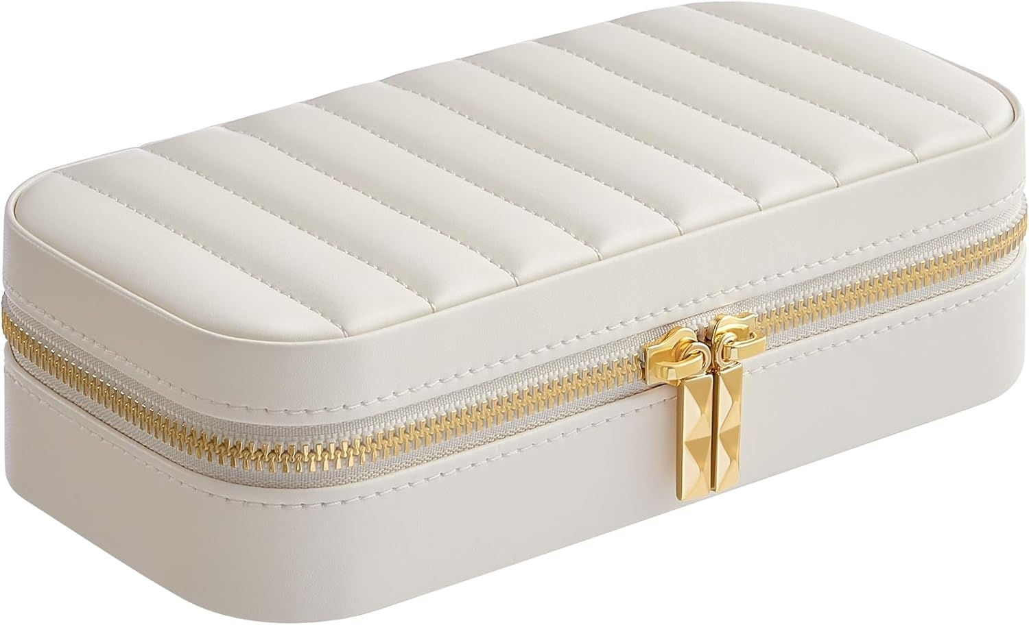 SONGMICS HOME ANAH Kollektion - Schmuckkästchen Reise, Schmuckkasten klein Schmuckaufbewahrung mit Spiegel, PU mit Nähten, Reißverschluss, Geschenkidee, wolkenweiß Bild 1