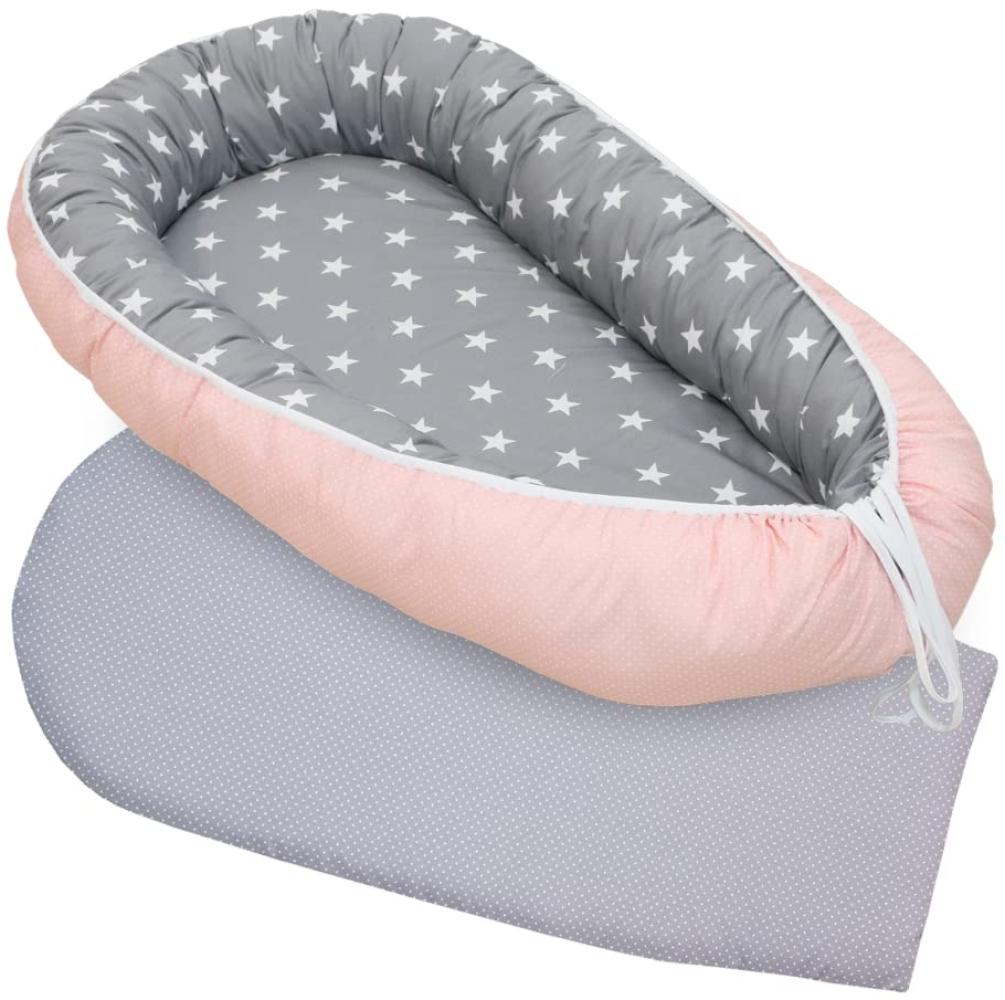 ULLENBOOM ® Babynest Set mit Einlage, Kuschelnest (55x95 cm) Rosa Grau (Made in EU) - Baby Nestchen aus Baumwolle, ideal als Reisebett, Baby Cocoon & Kuschelbett, im Set mit Einlage Bild 1