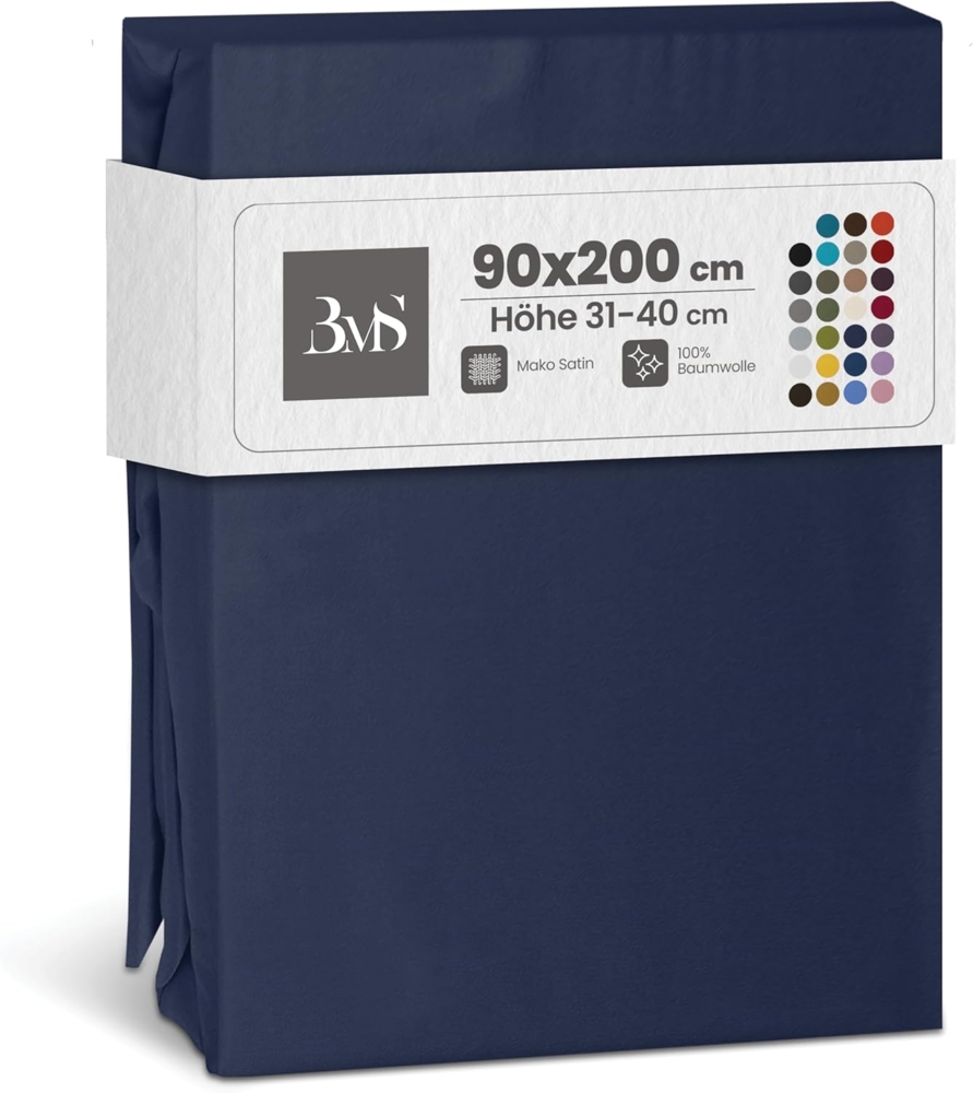 Bettwaesche-mit-Stil Mako-Satin Spannbettlaken dunkelblau 90x200cm Höhe 31-40cm Bild 1