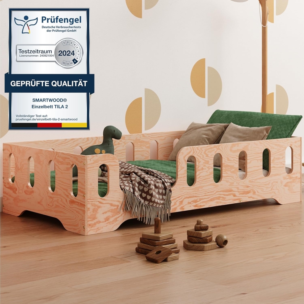 smartwood Bodenbett 120x200 Montessori Kinderbett aus Holz mit FSC-Zertifikat TILA 2L mit Rausfallschutz & Lattenrost bis 300kg belastbar - Einfache Montage Bild 1