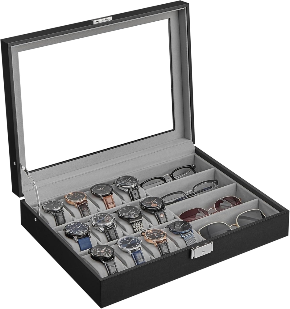 SONGMICS Uhrenbox, abschließbarer Uhrenkasten, Uhrenkoffer, Organizer für Uhren, mit 16 Fächern, Glasdeckel, Geschenk für die Liebsten, PU-Bezug in Schwarz, Samtfutter in Taubengrau JWBDE112G01 Bild 1