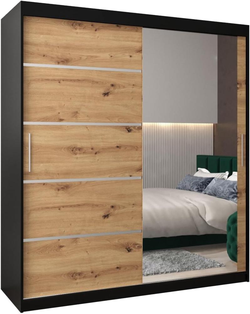 Kryspol Schwebetürenschrank Verona 2-180 cm mit Spiegel Kleiderschrank mit Kleiderstange und Einlegeboden Schlafzimmer- Wohnzimmerschrank Schiebetüren Modern Design (Schwarz + Artisan Eiche) Bild 1