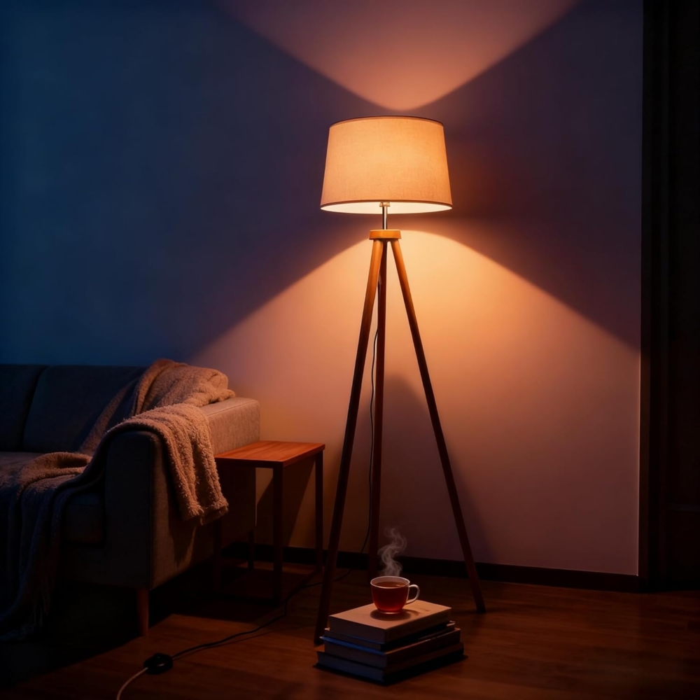 CCLIFE Modern Stehlampe LED Holz Standleuchte Stehleuchte Stoffschirm Schwenkbar E27 für Schlafzimmer Esszimmer Hotel Flur Halle, Farbe:Beige-Lampeschirm Bild 1