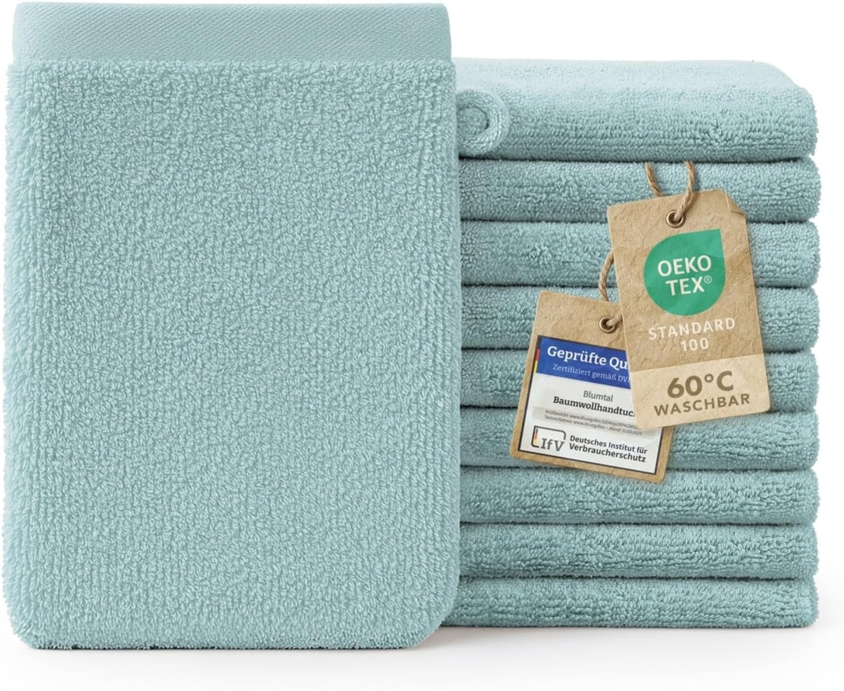 Blumtal Waschhandschuh 10er Set aus Frottee 15x20 cm - weich und saugstark, (Set), mit modischer Bordüre und praktischer Aufhängeschlaufe, 100% Baumwolle Bild 1