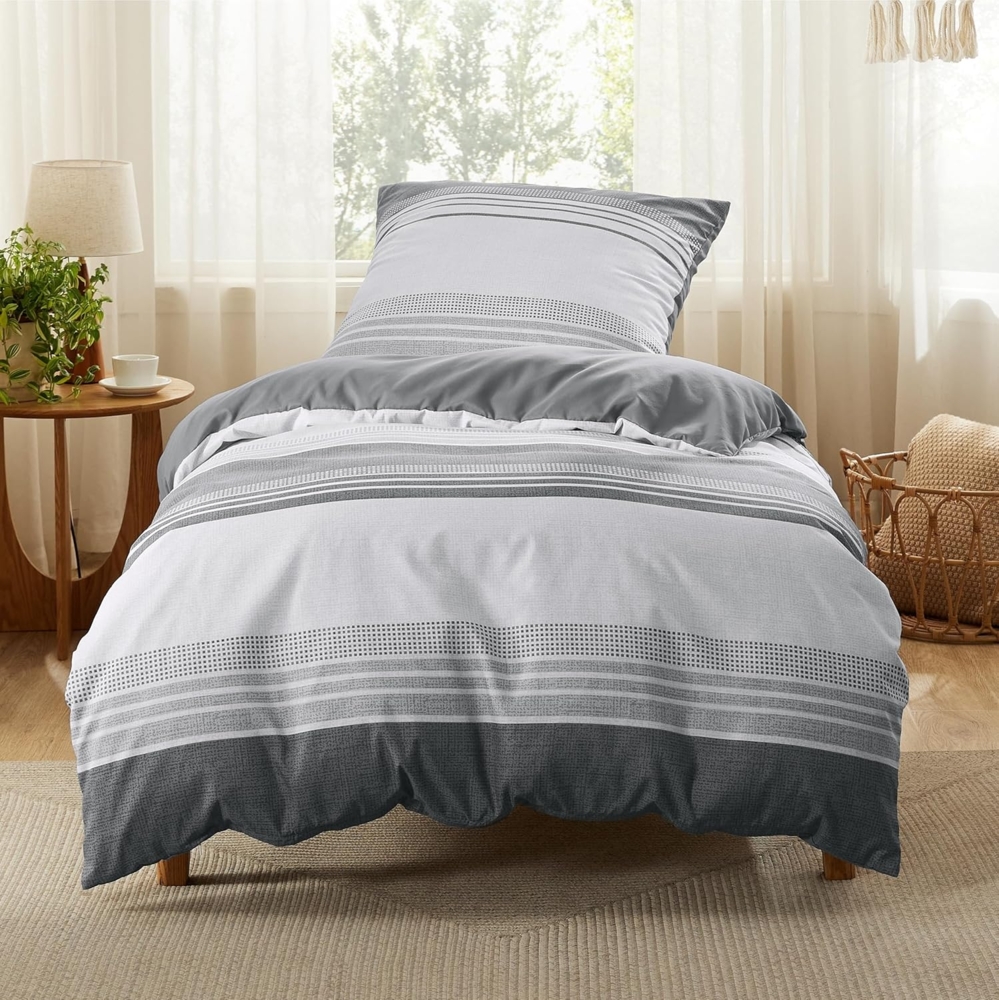 BEDSURE Bettwäsche 135x200 2teilig Bettbezug - Bettwäsche-Sets Grau 135x200 cm mit Kissenbezug 80x80 cm, ÖKO-TEX Wendebettwäsche Bedding Grau Gestreift Muster mit Reißverschluss Bild 1
