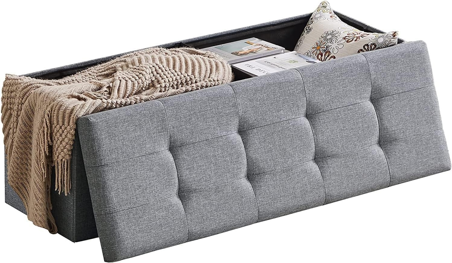 Zedelmaier Sitzbank mit Stauraum Sitzhocker Faltbar Truhen, Deckel Abnehmbar, 114 x 38 x 38 cm (Hellgrau - Leinen) Bild 1