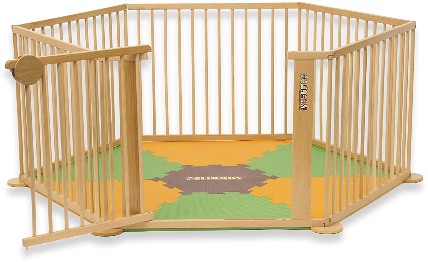 Felibaby 'Strolch 1+5' Laufgitter, Natur, inkl. ¡Mattimo! Spielmatte, Grün/Orange Bild 1