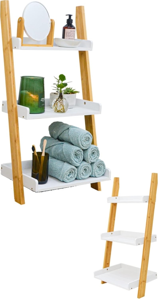 DuneDesign Regal 3 Fächer Bambus Leiterregal 45x90 Badezimmer, Holz Leiter Deko Treppe Bad Bild 1