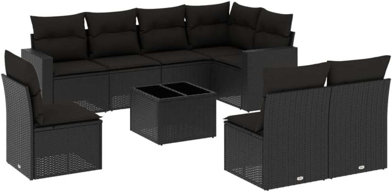 vidaXL 9-tlg. Garten-Sofagarnitur mit Kissen Schwarz Poly Rattan Bild 1